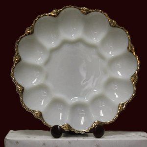 Vintage MCM Anchor Hocking: #898-13 Milk Glass w/ Gold Trim Egg Plate 9 1/2" Dia